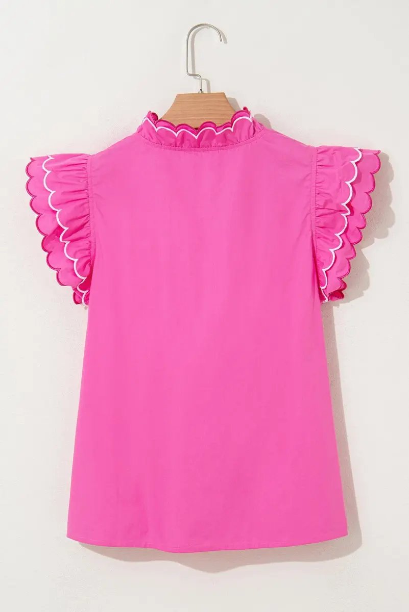 Bright Pink Contrast Scallop Trim Layered V Neck Blouse - Love Salve